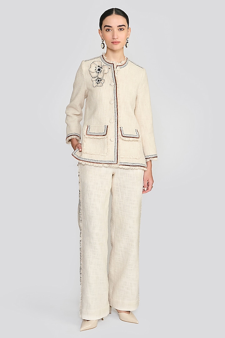 Ivory Textured Cotton Hand Embroidered Jacket by talitha at Pernia's Pop Up Shop