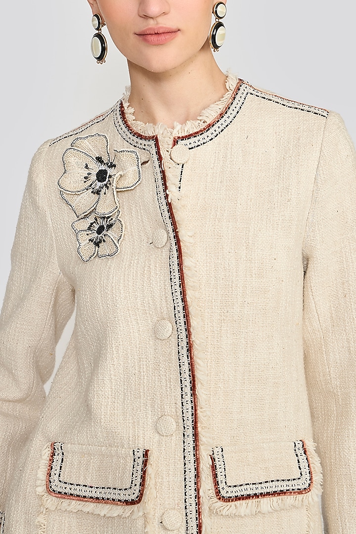 Ivory Textured Cotton Hand Embroidered Jacket by talitha at Pernia's Pop Up Shop