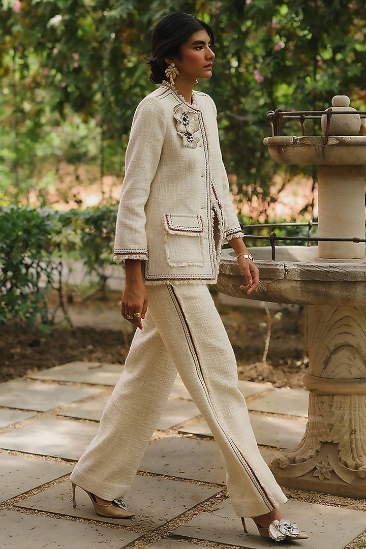 Ivory Textured Cotton Embroidered Pants by talitha at Pernia's Pop Up Shop