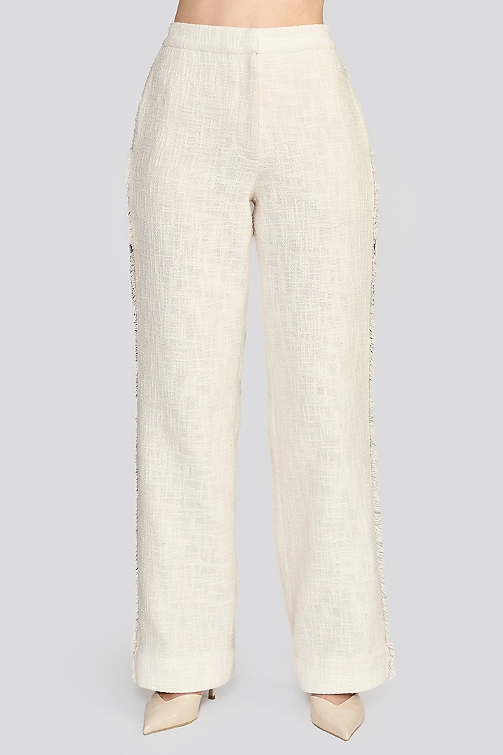 Ivory Textured Cotton Embroidered Pants by talitha at Pernia's Pop Up Shop