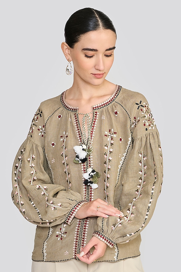 Sage Green Linen Geometric Embroidered Top by talitha at Pernia's Pop Up Shop