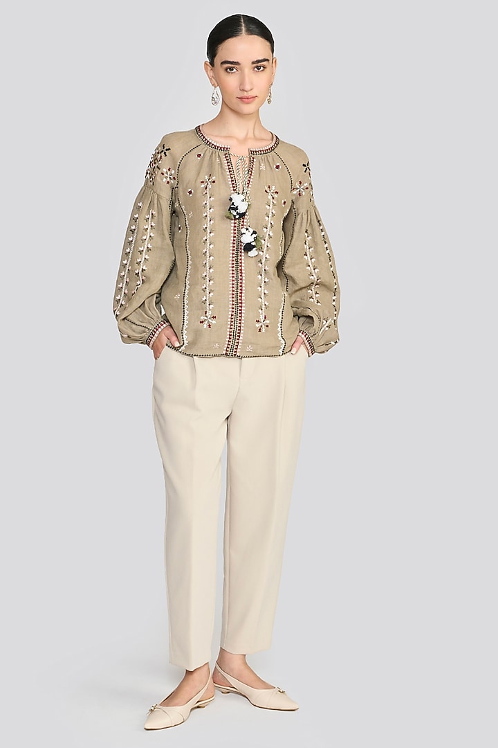 Sage Green Linen Geometric Embroidered Top by talitha at Pernia's Pop Up Shop