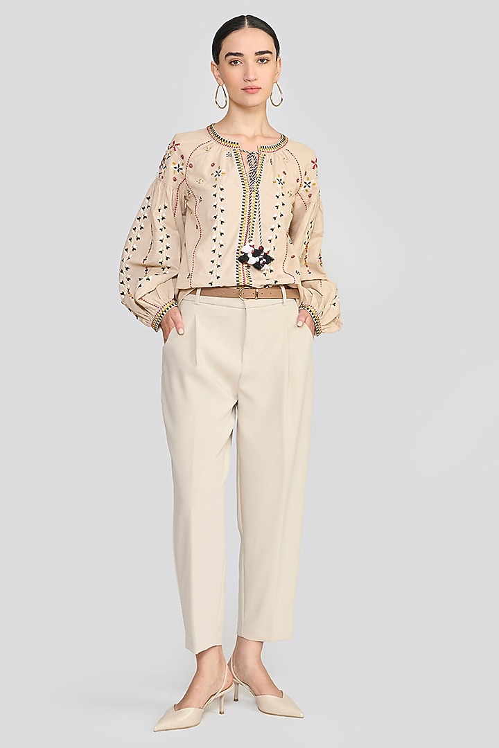 Cream Linen Geometric Embroidered Top by talitha at Pernia's Pop Up Shop