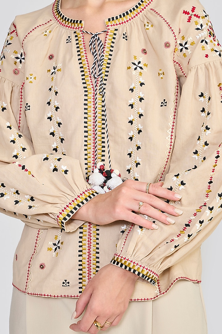 Cream Linen Geometric Embroidered Top by talitha at Pernia's Pop Up Shop