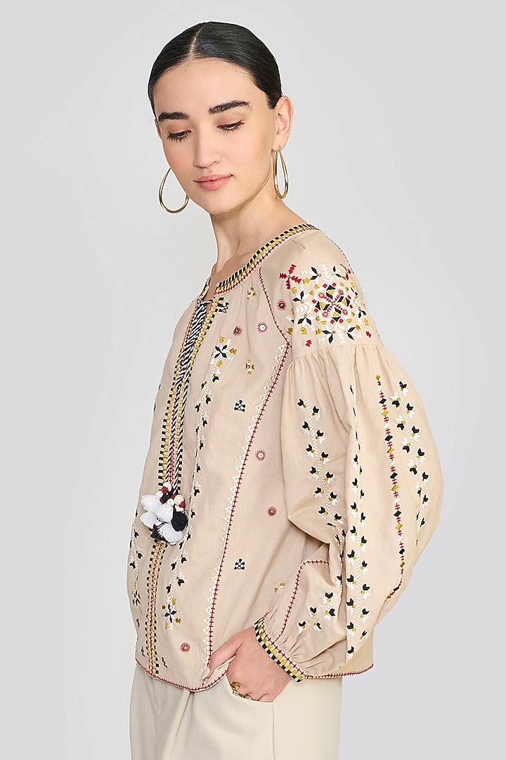 Cream Linen Geometric Embroidered Top by talitha at Pernia's Pop Up Shop