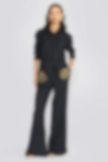 Deep Navy Blue Wool Flannel Hand Embroidered Co-Ord Set by talitha at Pernia's Pop Up Shop