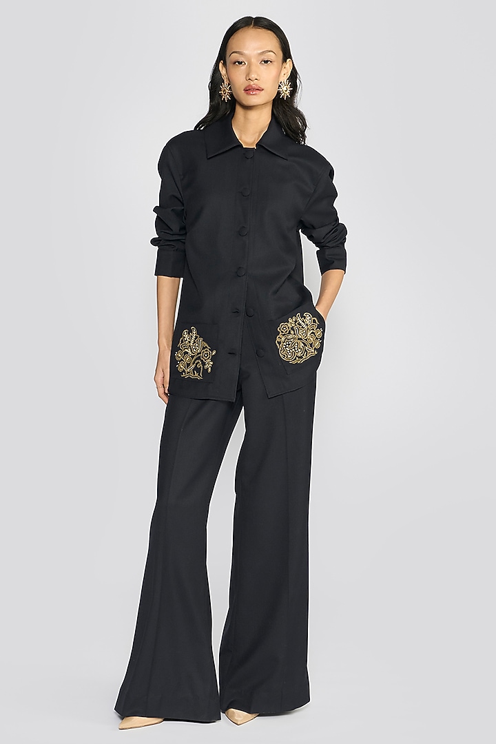 Deep Navy Blue Wool Flannel Hand Embroidered Co-Ord Set by talitha at Pernia's Pop Up Shop