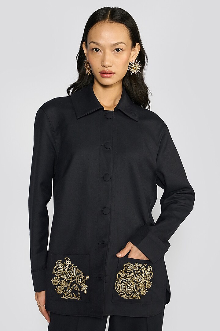 Navy Blue Flannel Embroidered Co-Ord Set by talitha at Pernia's Pop Up Shop