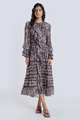 Wine Silk Chiffon Printed Midi Dress by talitha