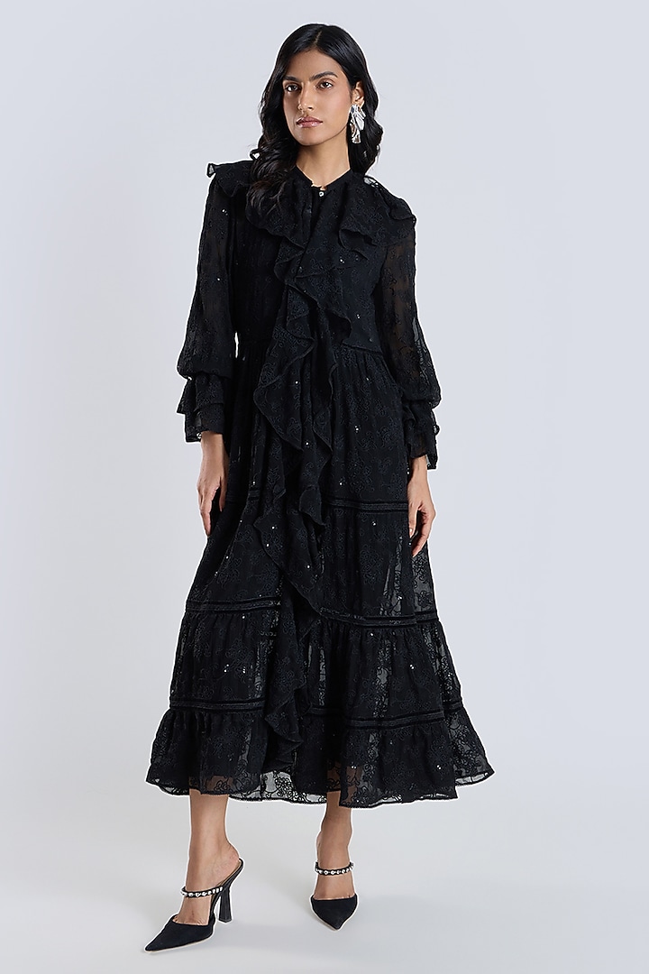 Black Silk Chiffon Embroidered Party Wear Dress by talitha at Pernia's Pop Up Shop