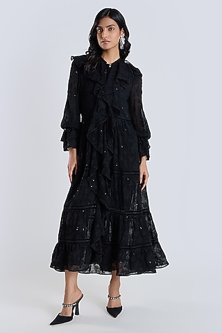 Black Silk Chiffon Embroidered Dress by talitha
