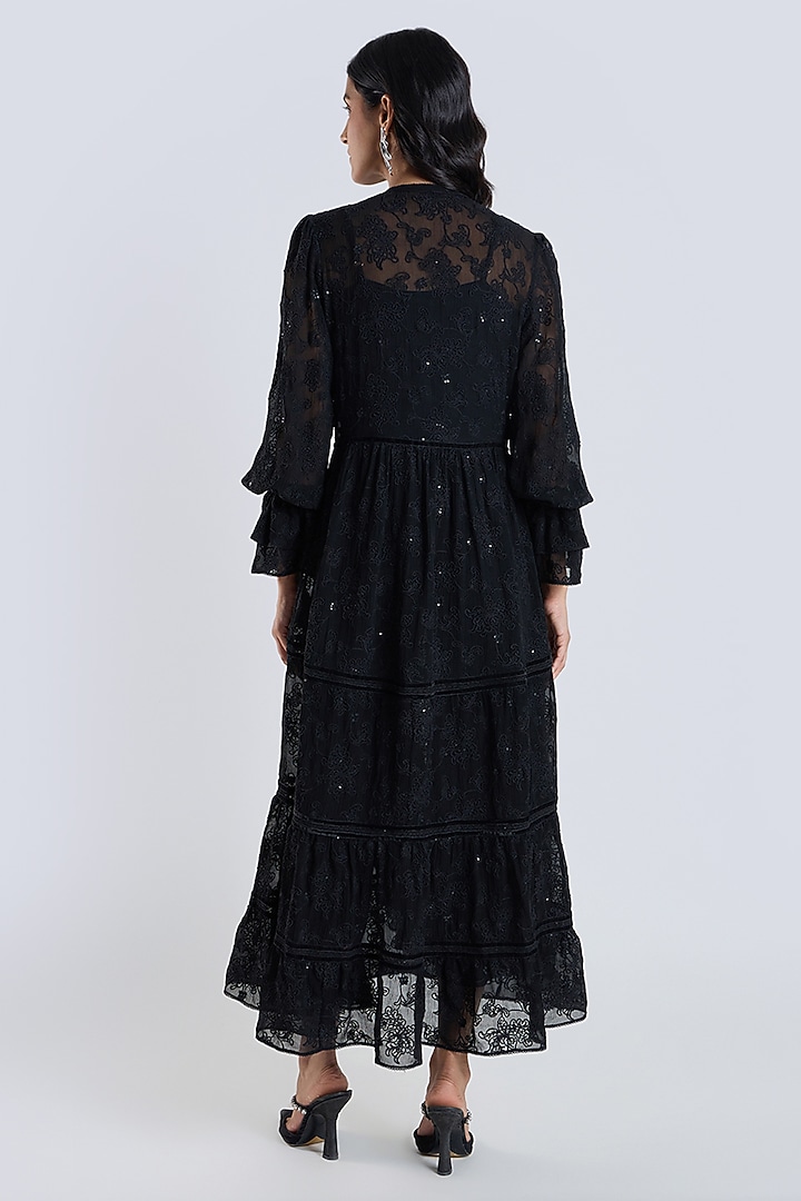 Black Silk Chiffon Embroidered Party Wear Dress by talitha at Pernia's Pop Up Shop