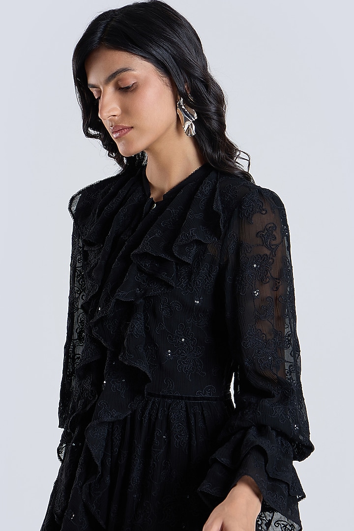 Black Silk Chiffon Embroidered Party Wear Dress by talitha at Pernia's Pop Up Shop