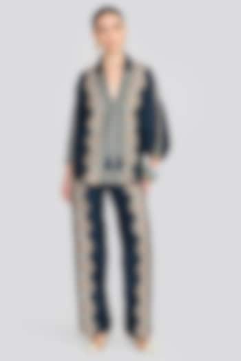 Navy Blue Linen Blend Printed Co-Ord Set by talitha at Pernia's Pop Up Shop