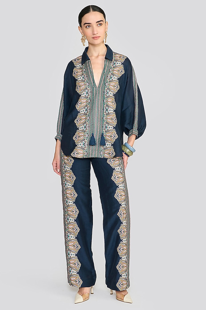 Navy Blue Linen Blend Printed Co-Ord Set by talitha at Pernia's Pop Up Shop