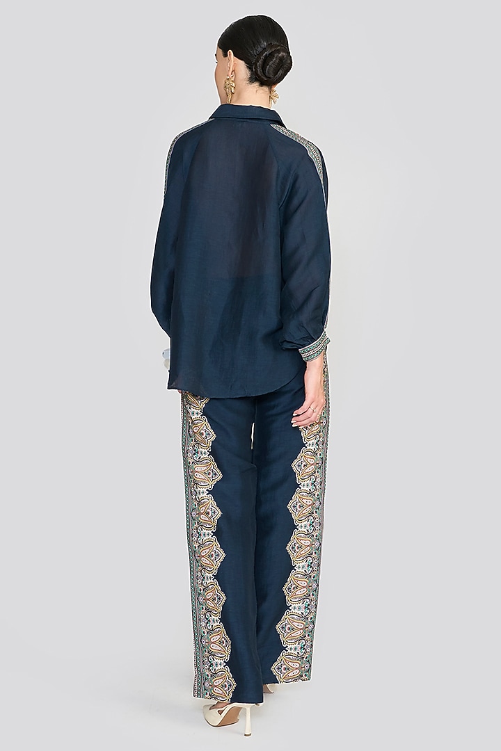 Navy Blue Linen Blend Printed Co-Ord Set by talitha at Pernia's Pop Up Shop