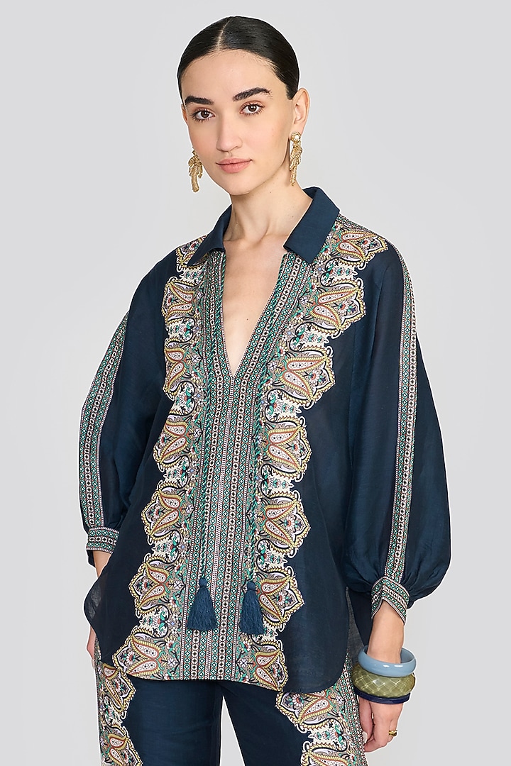 Navy Blue Linen Blend Printed Co-Ord Set by talitha at Pernia's Pop Up Shop