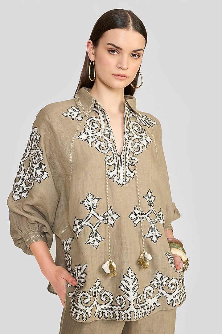 Sage Green Linen Applique Hand Embroidered Top by talitha at Pernia's Pop Up Shop