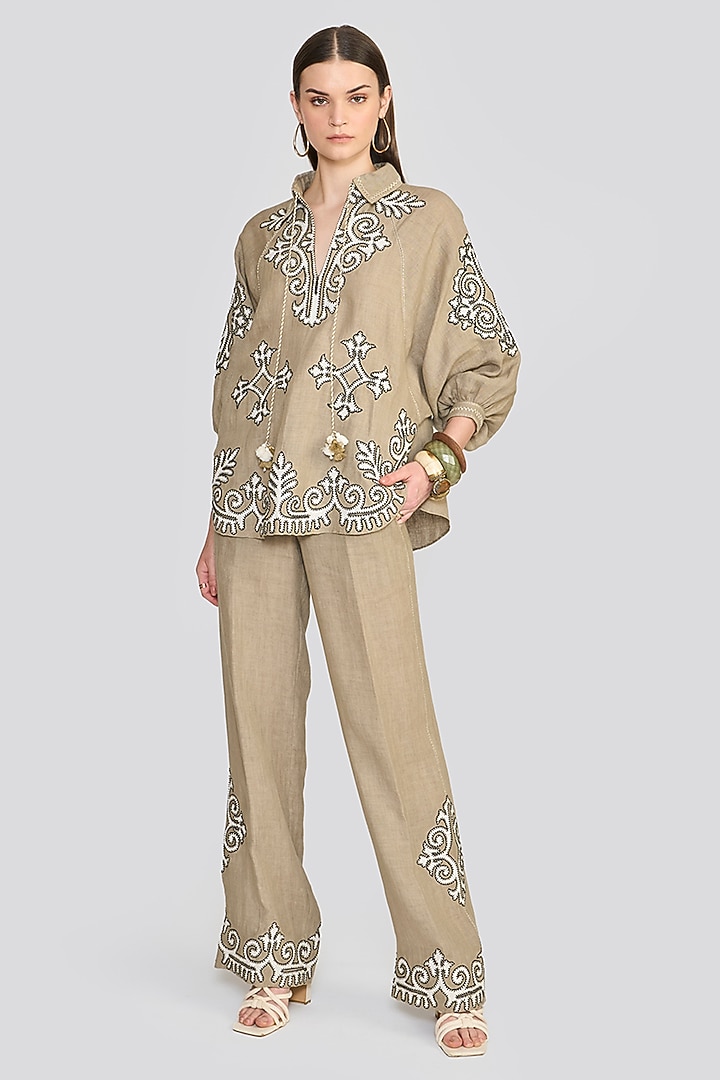 Sage Green Linen Applique Hand Embroidered Top by talitha at Pernia's Pop Up Shop