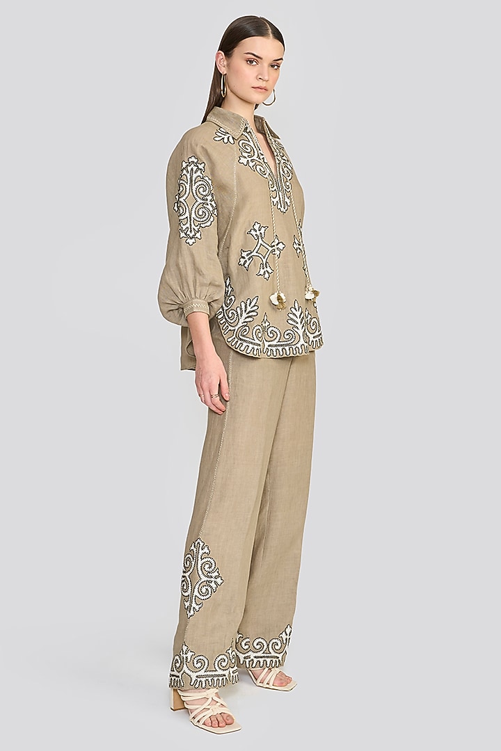 Sage Green Linen Treadle Embroidered Pants by talitha at Pernia's Pop Up Shop