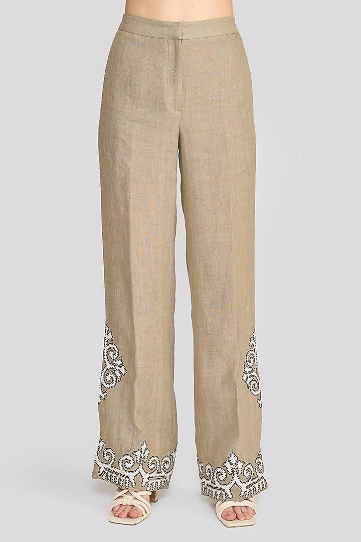 Sage Green Linen Treadle Embroidered Pants by talitha at Pernia's Pop Up Shop