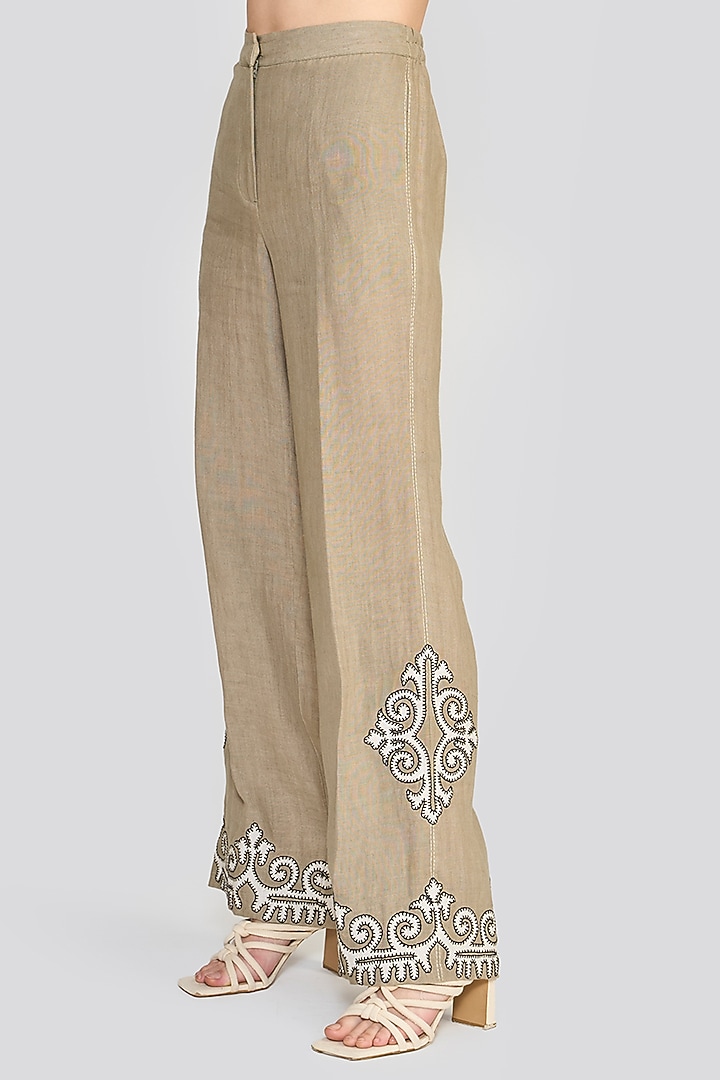 Sage Green Linen Treadle Embroidered Pants by talitha at Pernia's Pop Up Shop