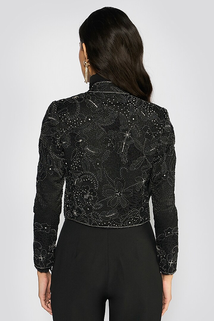 Black Silk Satin Zari Embroidered Jacket by talitha at Pernia's Pop Up Shop