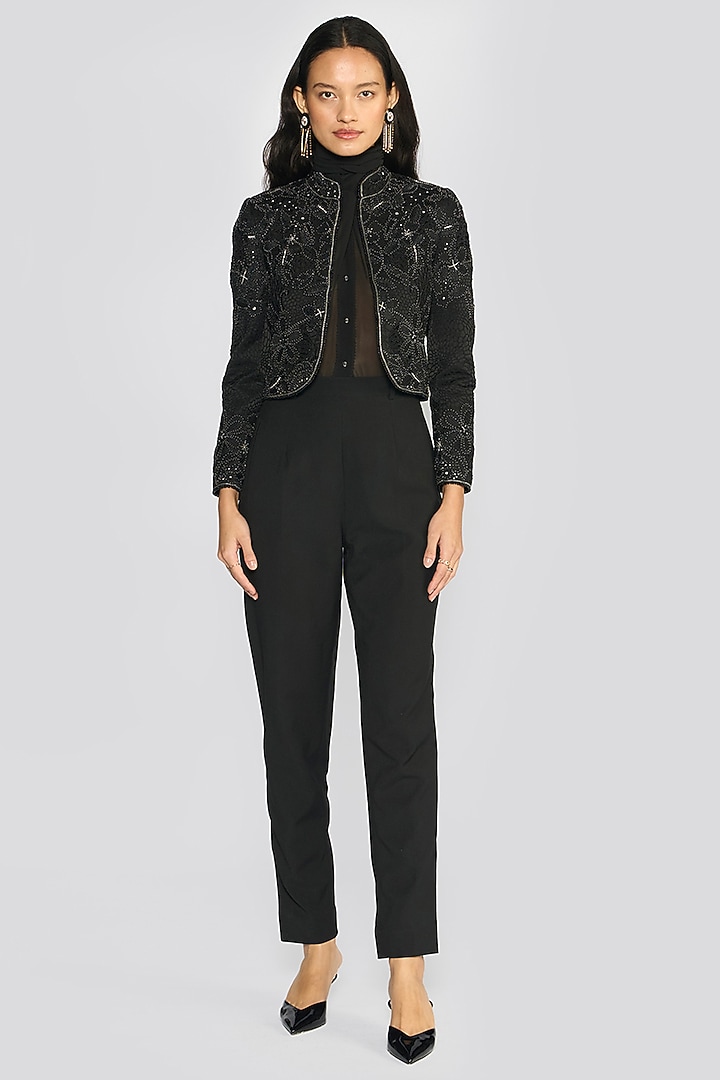 Black Silk Satin Zari Embroidered Jacket by talitha at Pernia's Pop Up Shop