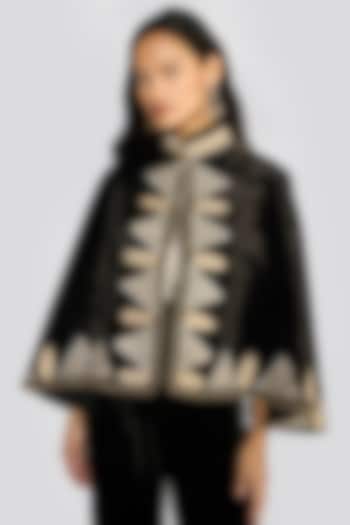 Black Silk Velvet Zari Hand Embroidered Cape by talitha at Pernia's Pop Up Shop