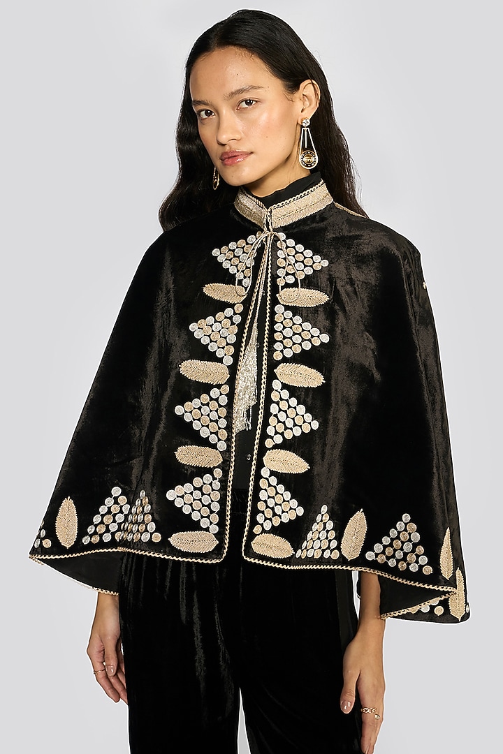 Black Silk Velvet Zari Hand Embroidered Cape by talitha at Pernia's Pop Up Shop
