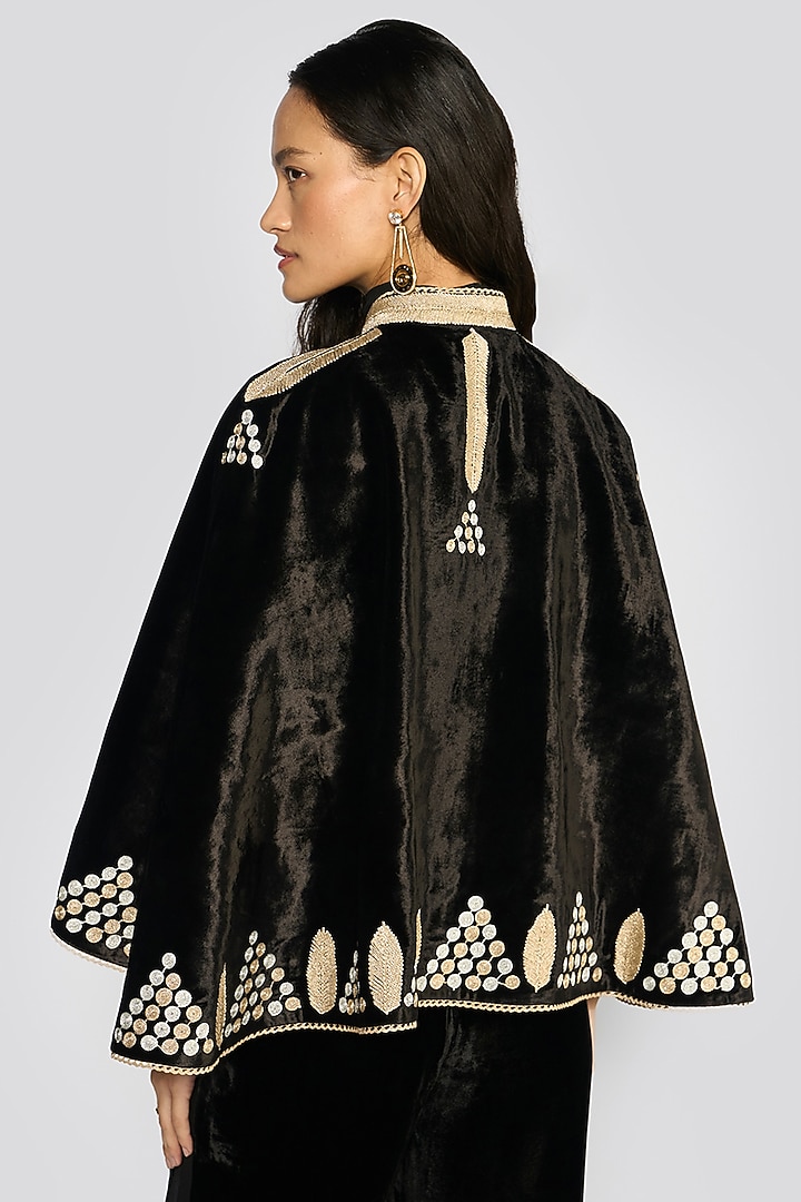Black Silk Velvet Zari Hand Embroidered Cape by talitha at Pernia's Pop Up Shop
