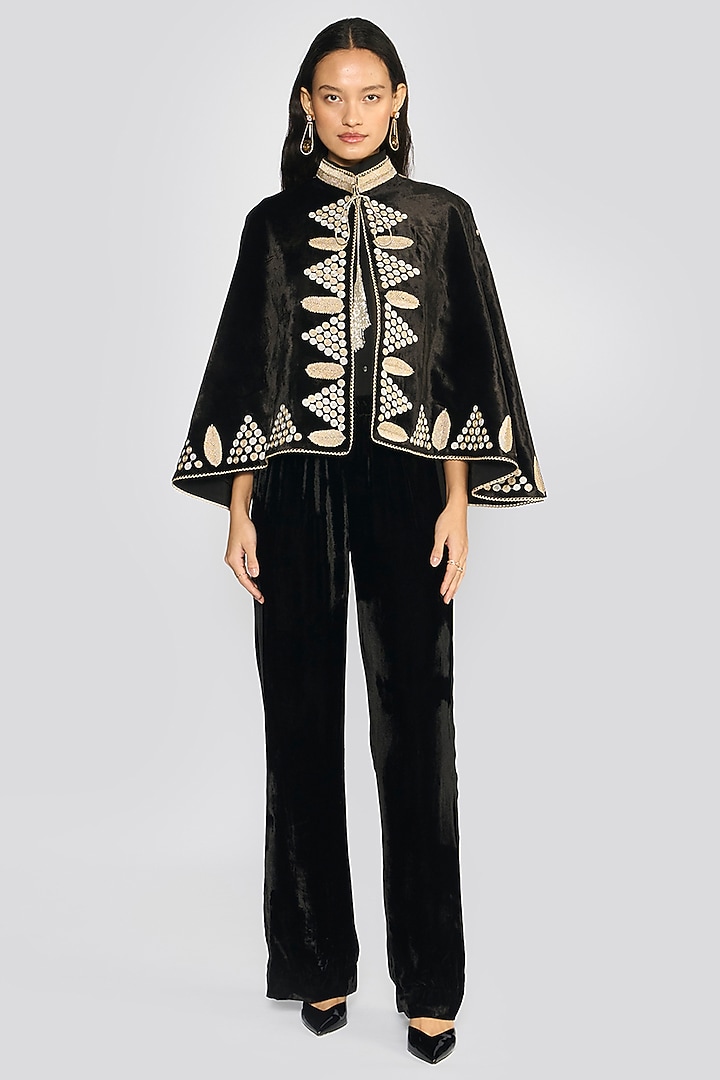 Black Silk Velvet Zari Hand Embroidered Cape by talitha at Pernia's Pop Up Shop