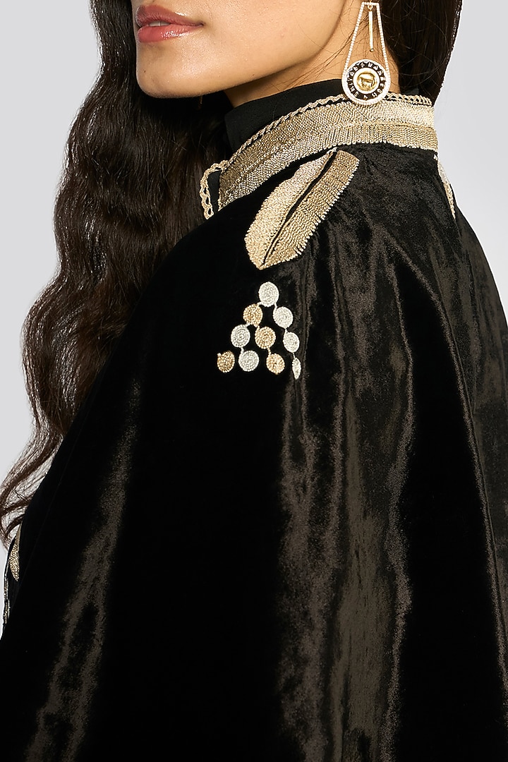 Black Silk Velvet Zari Hand Embroidered Cape by talitha at Pernia's Pop Up Shop
