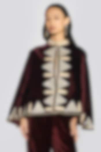 Wine Silk Velvet Zari Hand Embroidered Cape by talitha at Pernia's Pop Up Shop