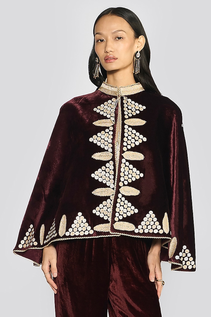 Wine Silk Velvet Zari Hand Embroidered Cape by talitha at Pernia's Pop Up Shop