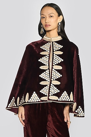 Wine Silk Velvet Zari Hand Embroidered Cape by talitha