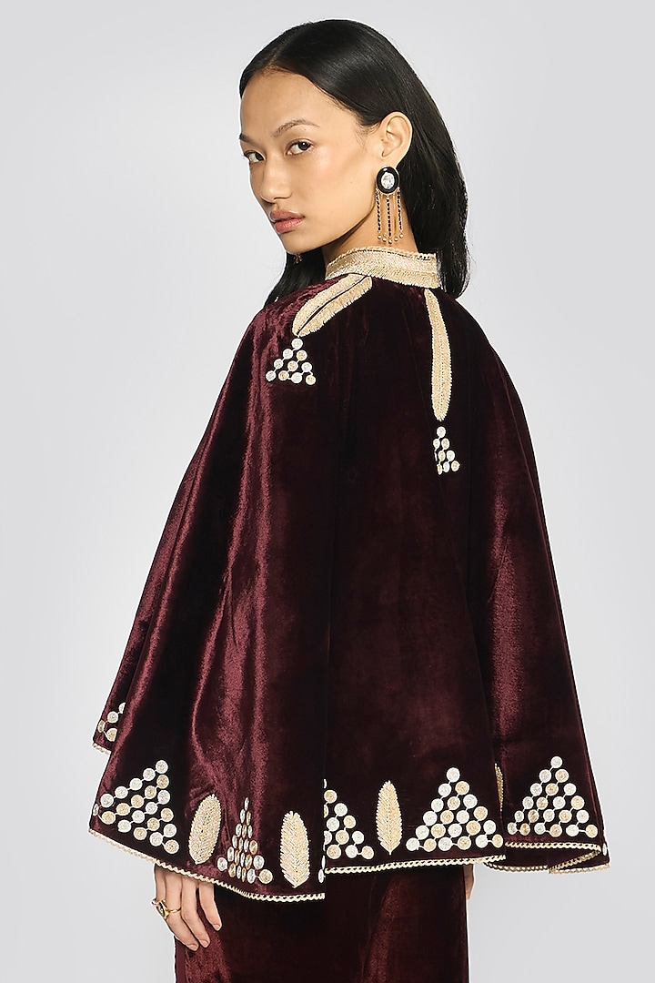 Wine Silk Velvet Zari Hand Embroidered Cape by talitha at Pernia's Pop Up Shop