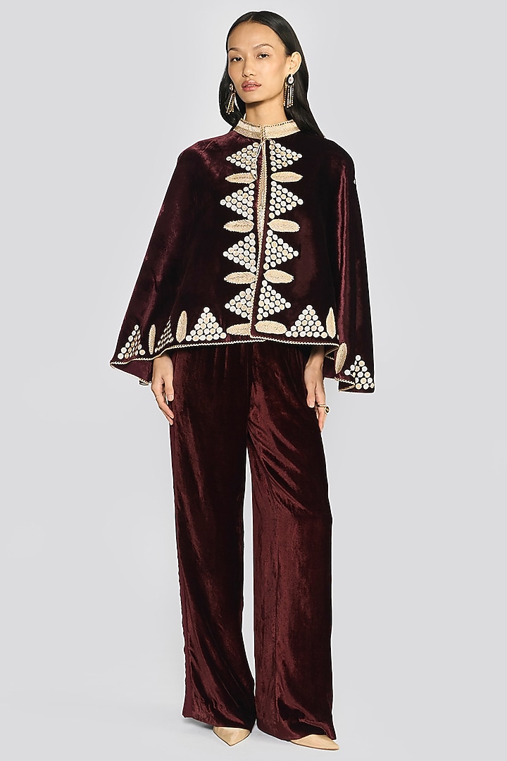 Wine Silk Velvet Zari Hand Embroidered Cape by talitha at Pernia's Pop Up Shop