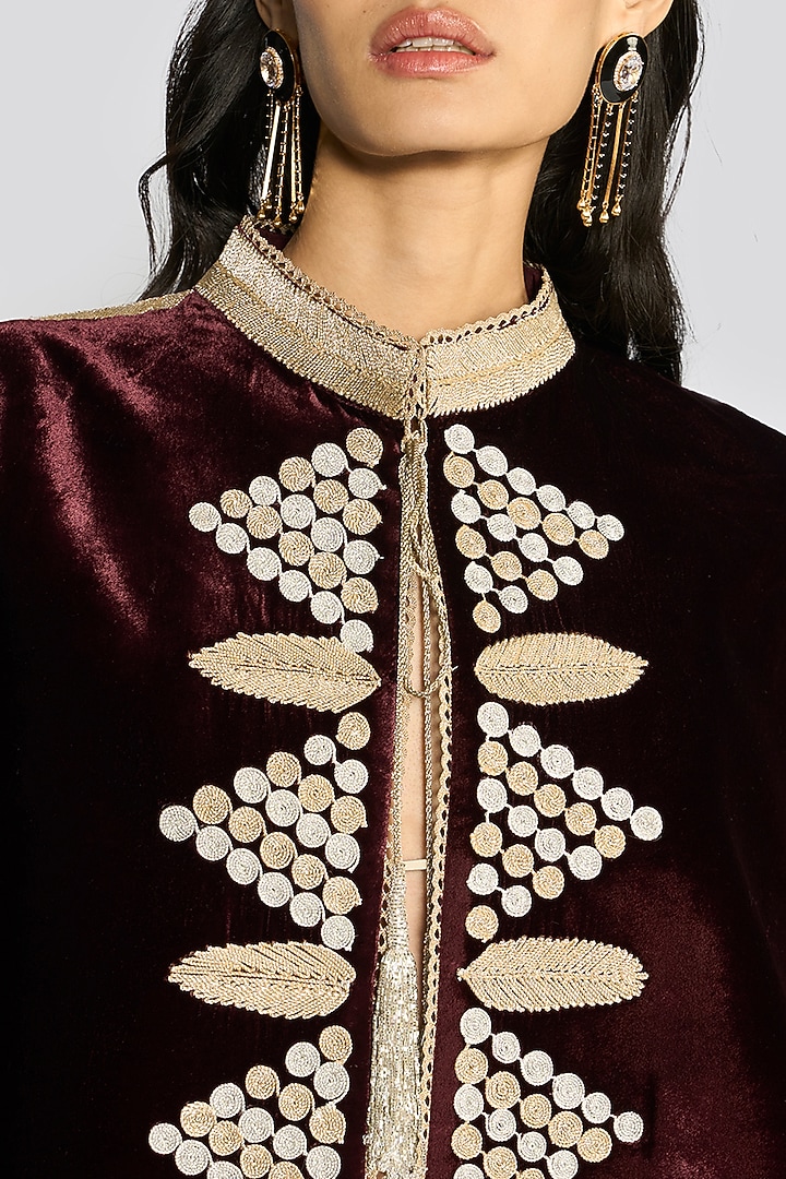 Wine Silk Velvet Zari Hand Embroidered Cape by talitha at Pernia's Pop Up Shop