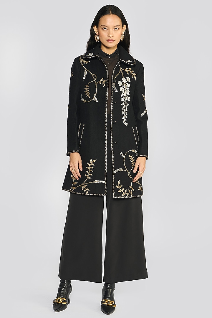 Black Wool Blend Metallic Aari Hand Embroidered Jacket by talitha at Pernia's Pop Up Shop