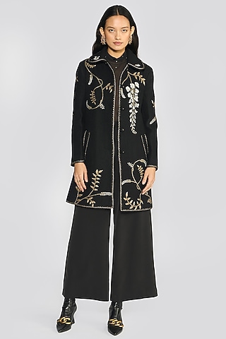 Black Wool Blend Metallic Aari Hand Embroidered Jacket by talitha