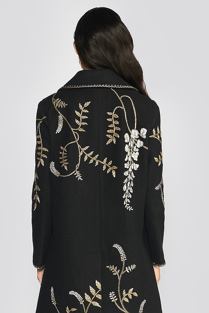 Black Wool Blend Metallic Aari Hand Embroidered Jacket by talitha at Pernia's Pop Up Shop