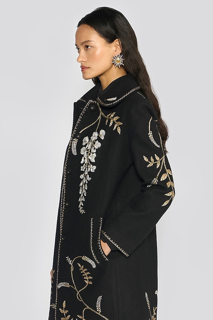 Black Wool Blend Metallic Aari Hand Embroidered Jacket by talitha at Pernia's Pop Up Shop