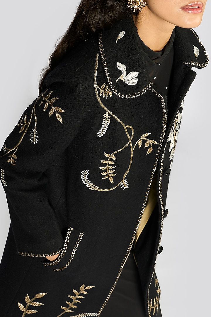 Black Wool Blend Metallic Aari Hand Embroidered Jacket by talitha at Pernia's Pop Up Shop