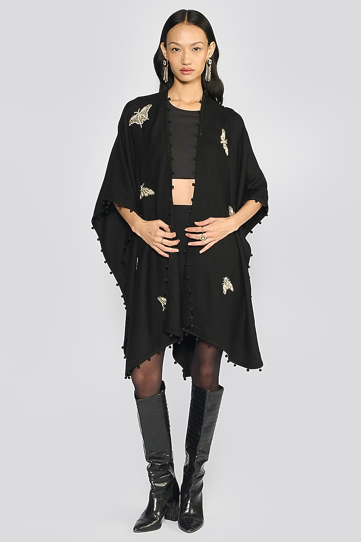 Black Cashmere Zardosi Hand Embroidered Ruana by talitha at Pernia's Pop Up Shop