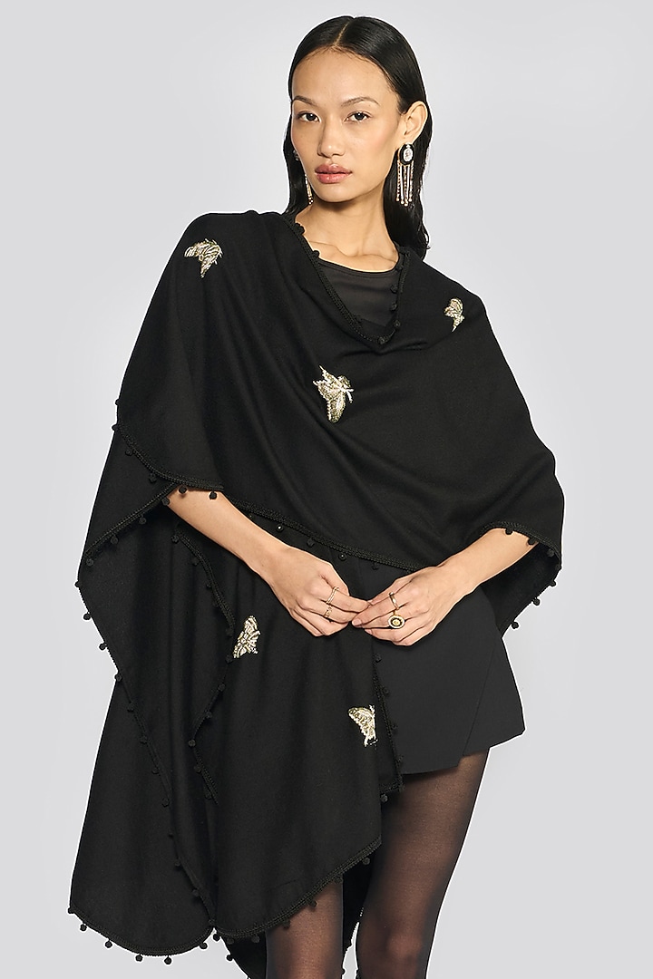 Black Cashmere Zardosi Hand Embroidered Ruana by talitha at Pernia's Pop Up Shop