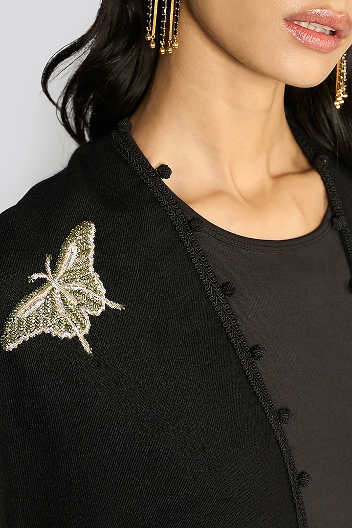 Black Cashmere Zardosi Hand Embroidered Ruana by talitha at Pernia's Pop Up Shop