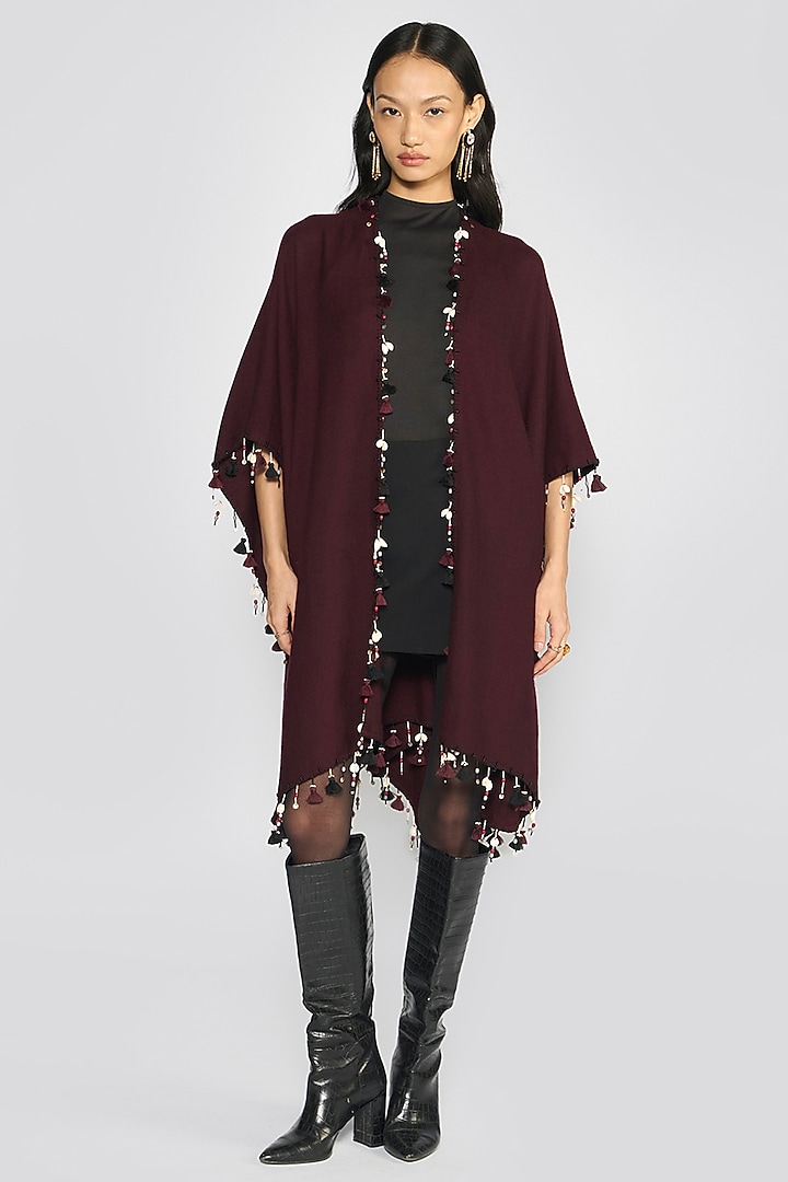 Wine Cashmere Zardosi Hand Embroidered Ruana by talitha at Pernia's Pop Up Shop