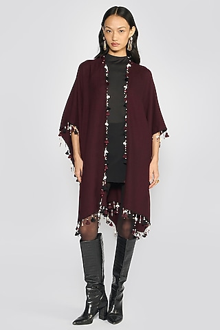 Wine Cashmere Zardosi Hand Embroidered Ruana by talitha