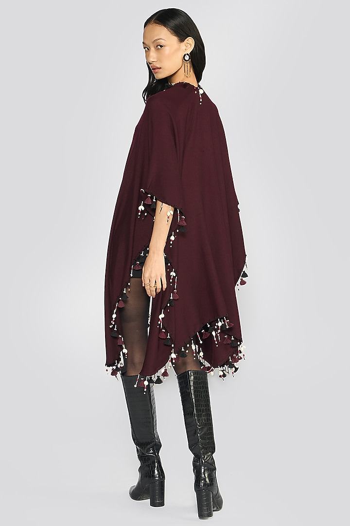 Wine Cashmere Zardosi Hand Embroidered Ruana by talitha at Pernia's Pop Up Shop